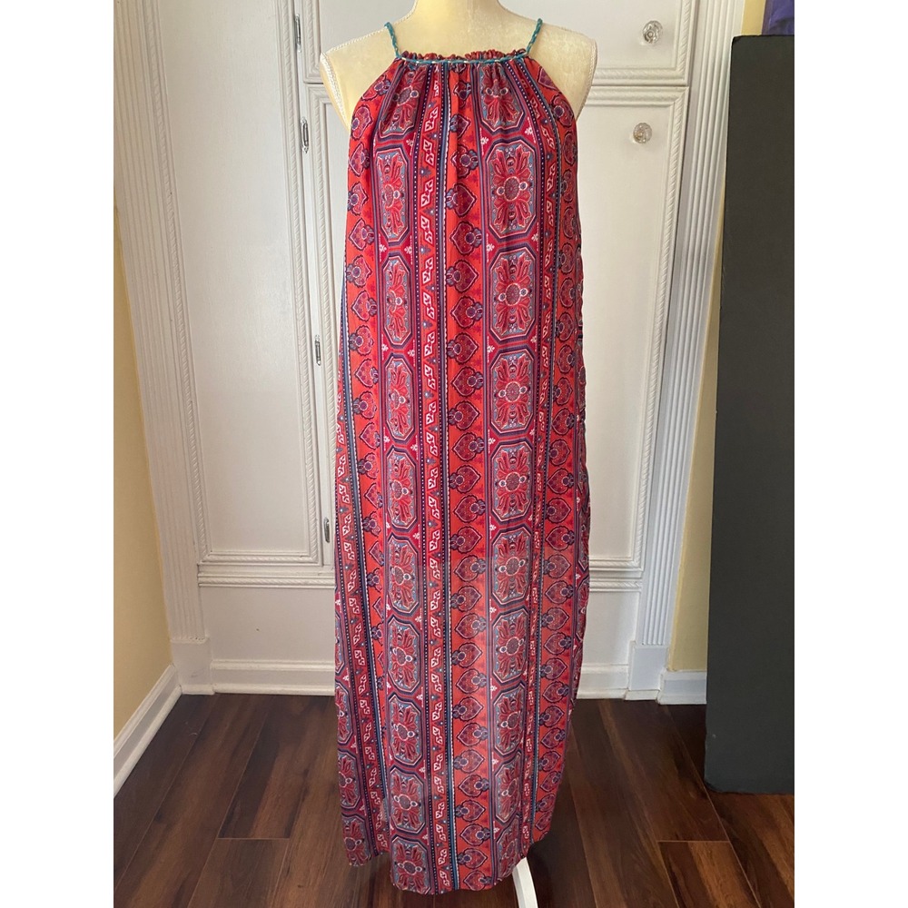 Xhilaration Red Medallion Print Halter Maxi Dress XS Boho Tassel Tie Back